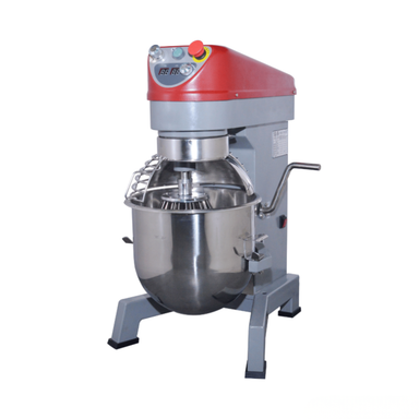 Bread mixer with red top and silver base on a white background