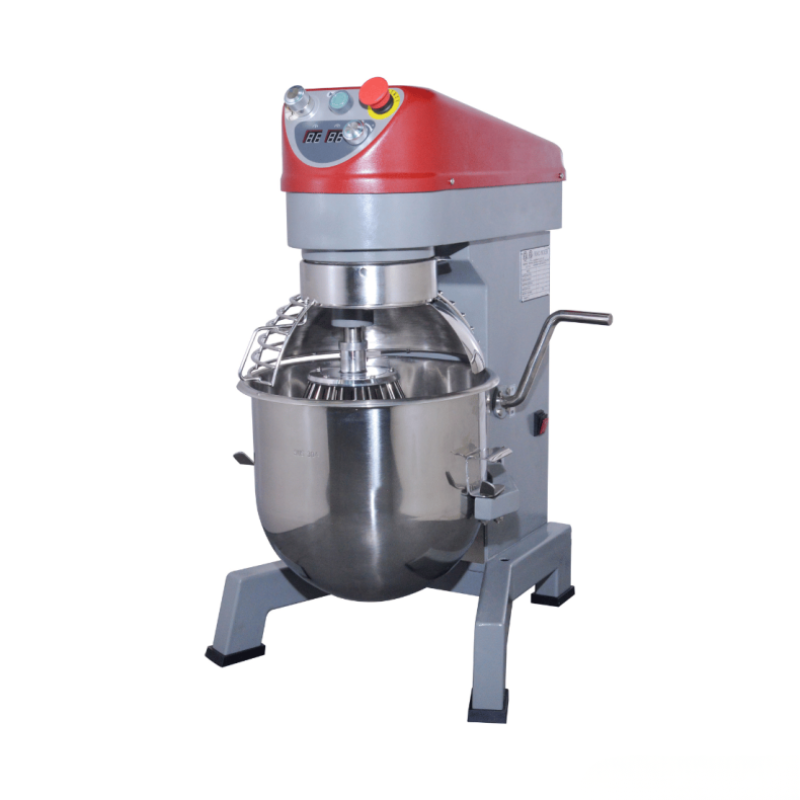 Bread mixer with red top and silver base on a white background