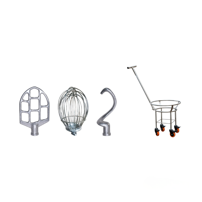 Set of kitchen mixer attachments on a white background