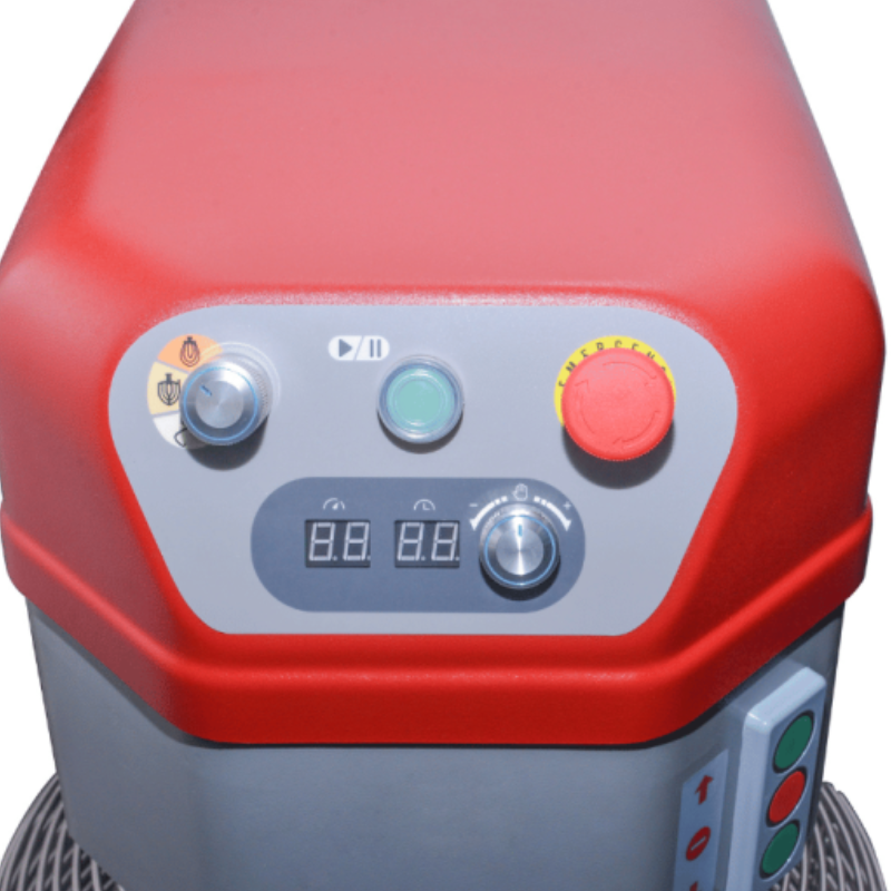 Red and gray machine with control panel on a white background