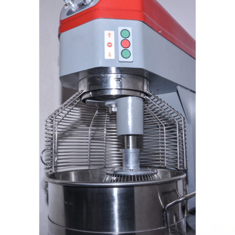 Bread dough mixer with red top and control panel on a white background