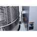 Close-up of a metal spiral mixer with a control panel and label on a white background