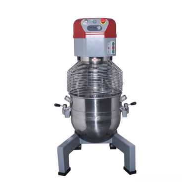 Stainless steel dough mixer with a red top on a white background