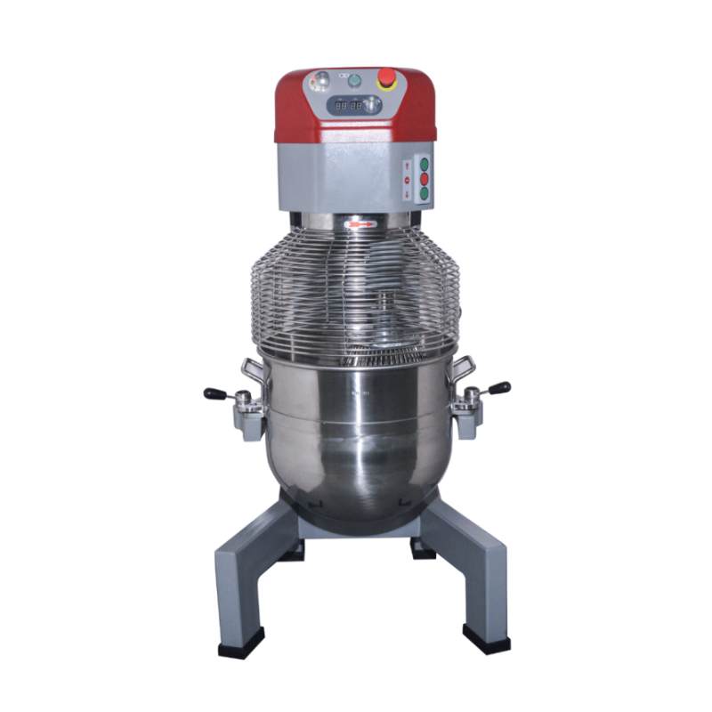 Stainless steel dough mixer with a red top on a white background
