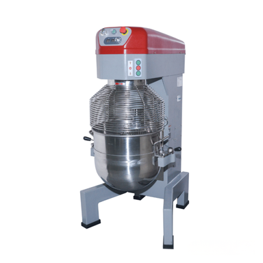 Bread dough mixer with red top and silver bowl on a white background