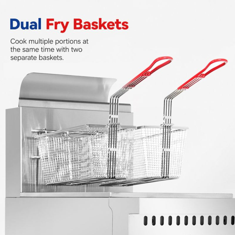 Gasmax VP122 close-up of the dual fry baskets with red handles, for cooking two portions at once