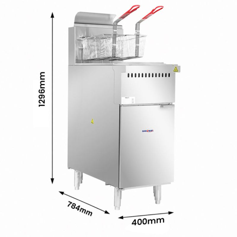 Gasmax VP122 deep fryer with dimensions: 1298 mm high, 400 mm wide and 784 mm deep