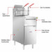 Gasmax VP122 with labelled features: twin fry baskets, rear splashback, front ventilation slots, easy-access lower door and stainless steel construction