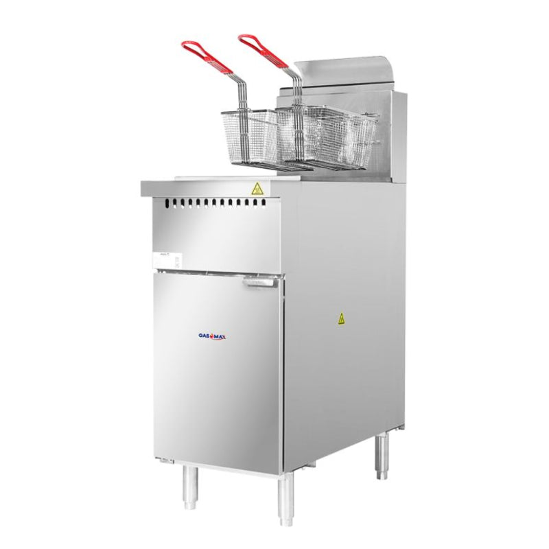 Gasmax VP122 deep fryer, angled view from the right showing the baskets, splashback and side panel