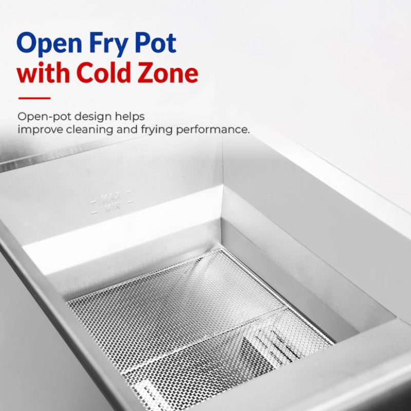 Gasmax VP122 close-up of the open fry pot with mesh basket support above the cold zone, which makes cleaning easier