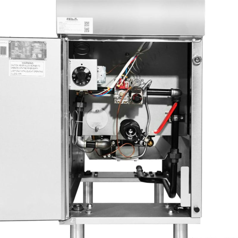 Gasmax VP122 with the lower door open, showing the gas valve, thermostat and burner controls inside