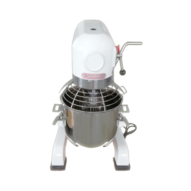 White stand mixer with a silver bowl on a white background