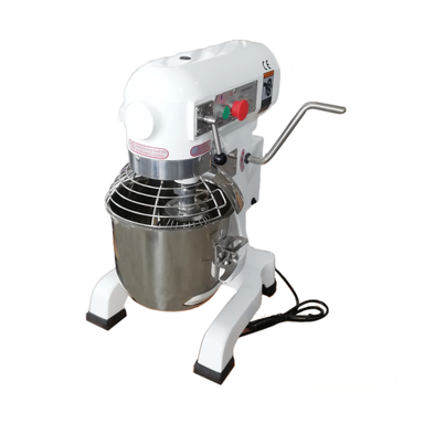 White and silver stand mixer on a white background