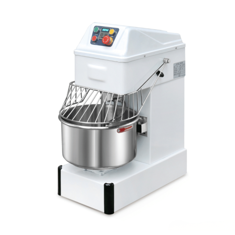 White dough mixer with a metal bowl on a white background