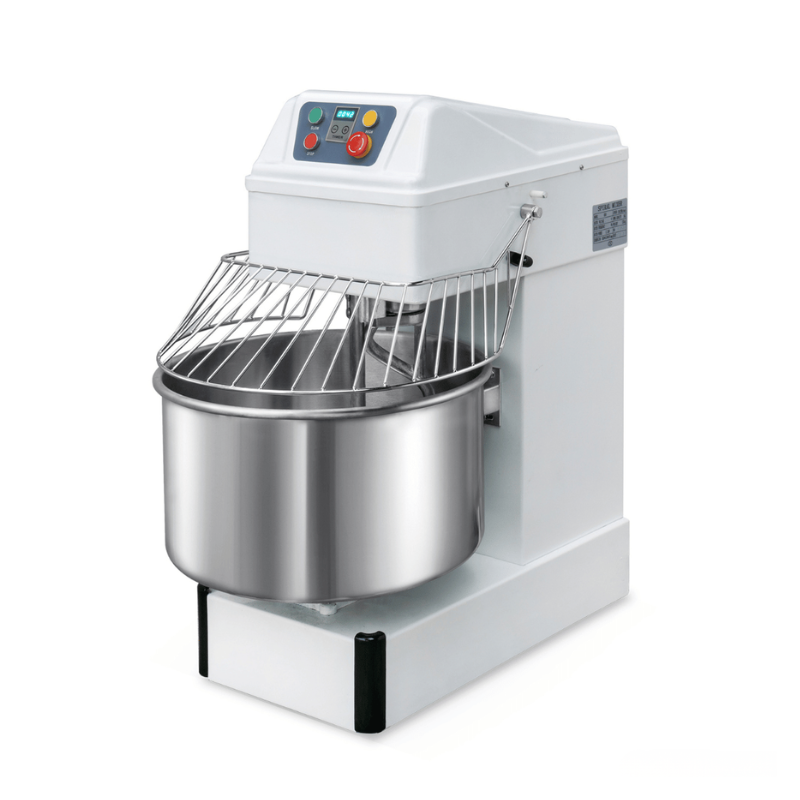 Bread dough mixer with a white exterior and metal bowl on a white background