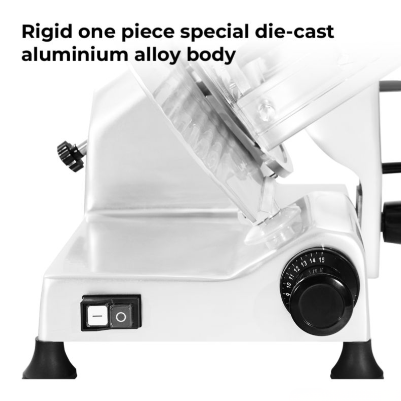 White meat grinder with black control knobs and switch on a white background
