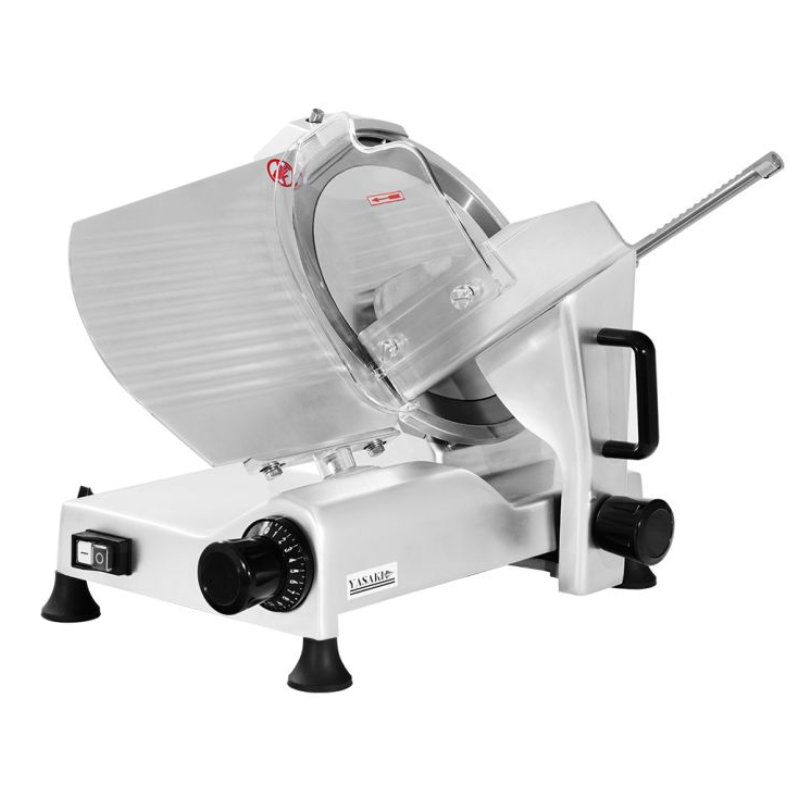 Commercial meat slicer on a white background