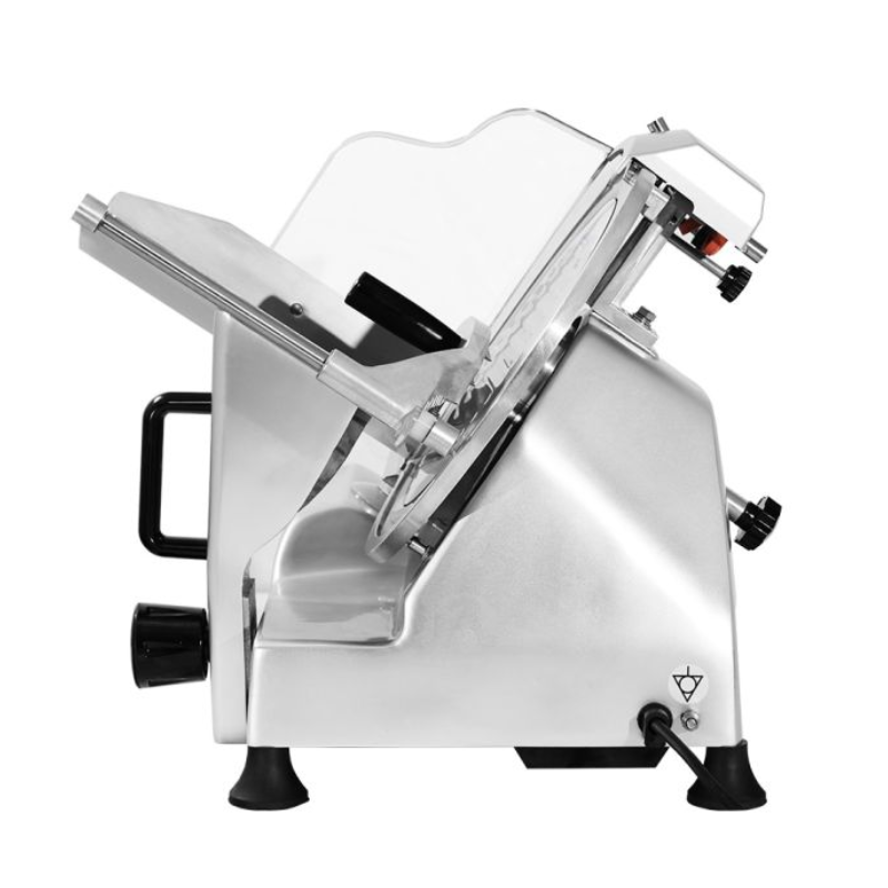Metallic meat slicer on a white background