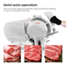 Semi-automatic meat slicer with images of sliced meats below, on a white background.
