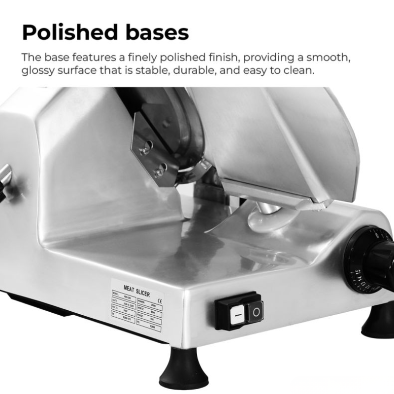 Metallic meat slicer with polished base on a white background