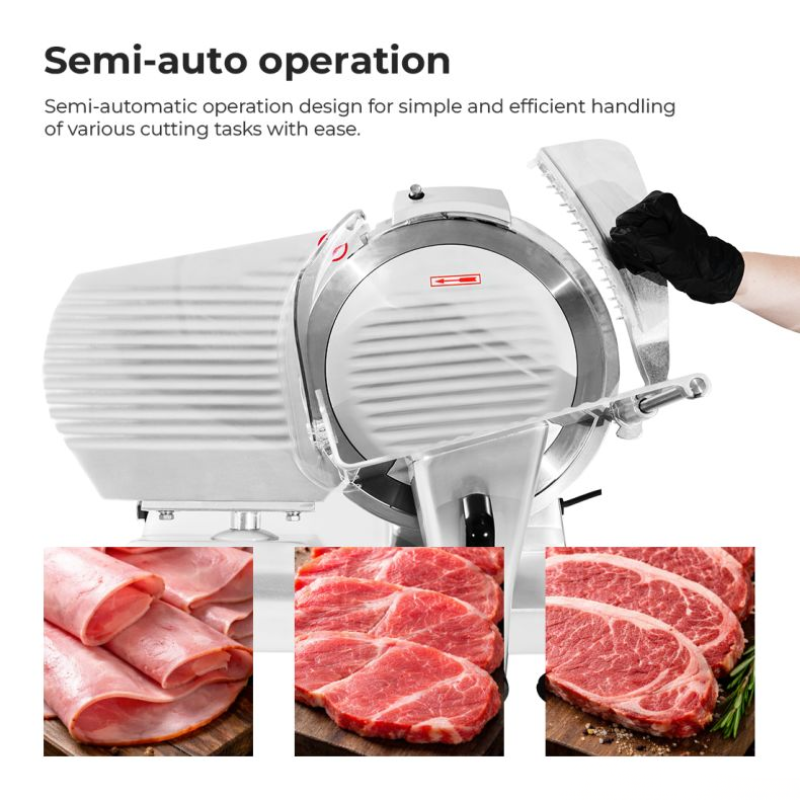 Semi-automatic meat slicer with images of sliced meats below, on a white background.