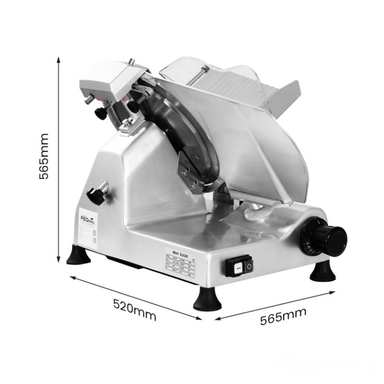 Meat slicer with dimensions labeled on a white background