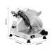 Meat slicer with dimensions labeled on a white background