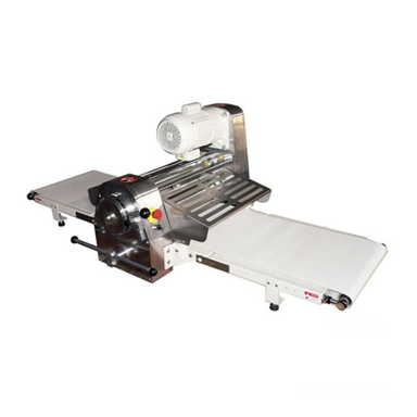 Stainless steel dough sheeter on a white background