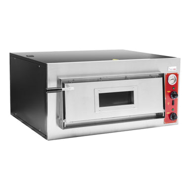 BakerMax Black Panther EP-2-1E stone deck pizza oven, angled view showing the black body and stainless steel front