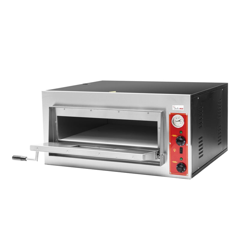 BakerMax Black Panther EP-2-1E stone deck pizza oven with the door open showing the stone sole