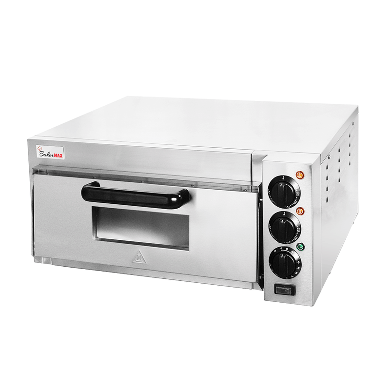BakerMax EP-1T single deck countertop electric pizza oven, angled view from the right showing the control knobs