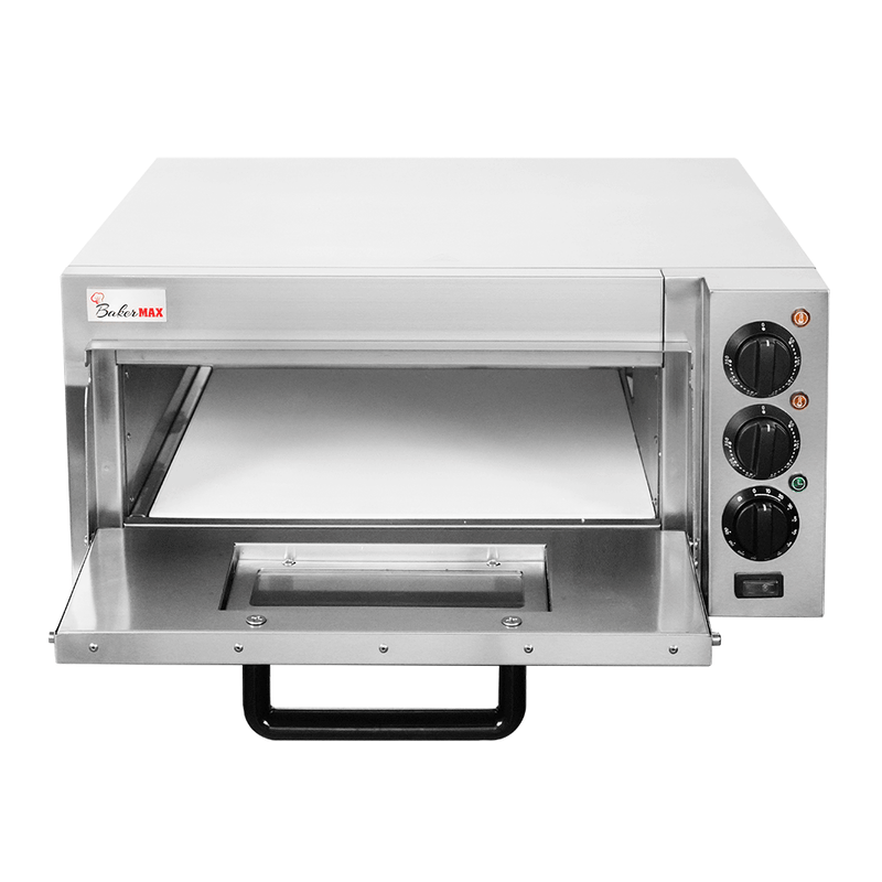 BakerMax EP-1T single deck countertop electric pizza oven with the door open showing the ceramic pizza stone