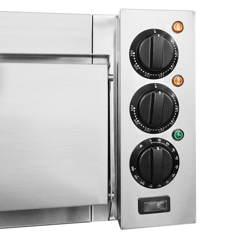 BakerMax EP-1T single deck countertop electric pizza oven, close-up of the temperature and timer control knobs