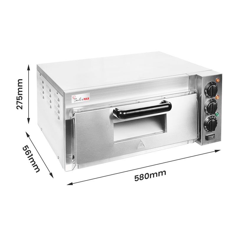 BakerMax EP-1T single deck countertop electric pizza oven with dimensions marked