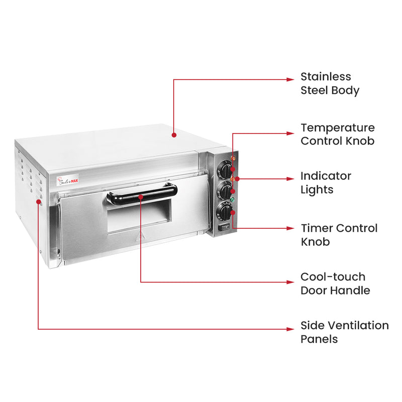BakerMax EP-1T single deck countertop electric pizza oven with labelled features including stainless steel body, controls and indicator lights