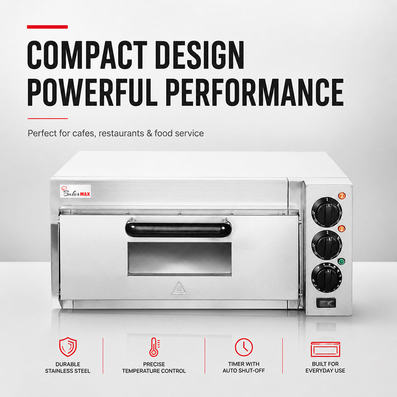 BakerMax EP-1T single deck countertop electric pizza oven, captioned compact design, powerful performance