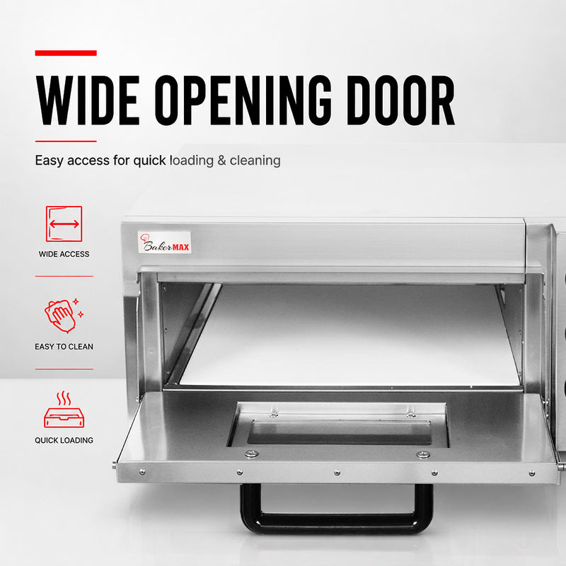 BakerMax EP-1T single deck countertop electric pizza oven, captioned wide opening door