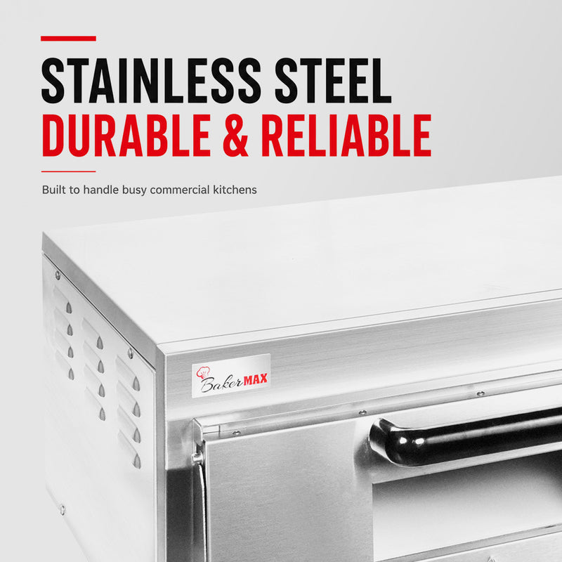BakerMax EP-1T single deck countertop electric pizza oven, captioned stainless steel, durable and reliable
