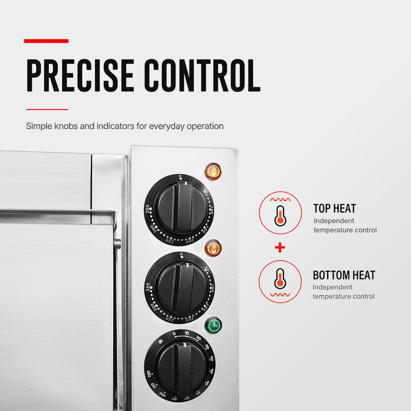 BakerMax EP-1T single deck countertop electric pizza oven, captioned precise control, showing the temperature and timer knobs