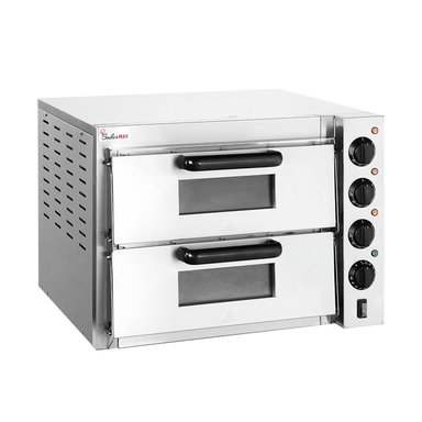 BakerMax EP-2T double deck countertop electric pizza oven, angled view showing side vents and controls