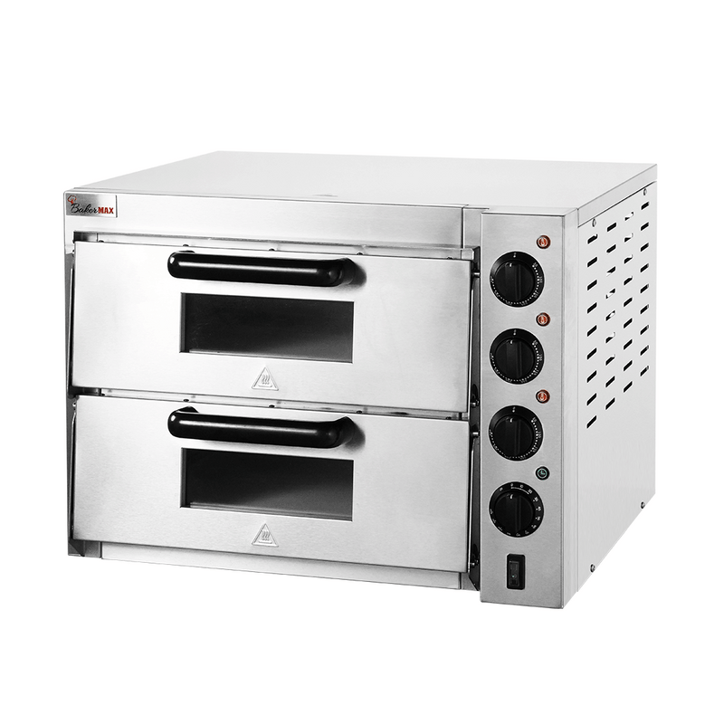 BakerMax EP-2T double deck countertop electric pizza oven, angled view from the other side