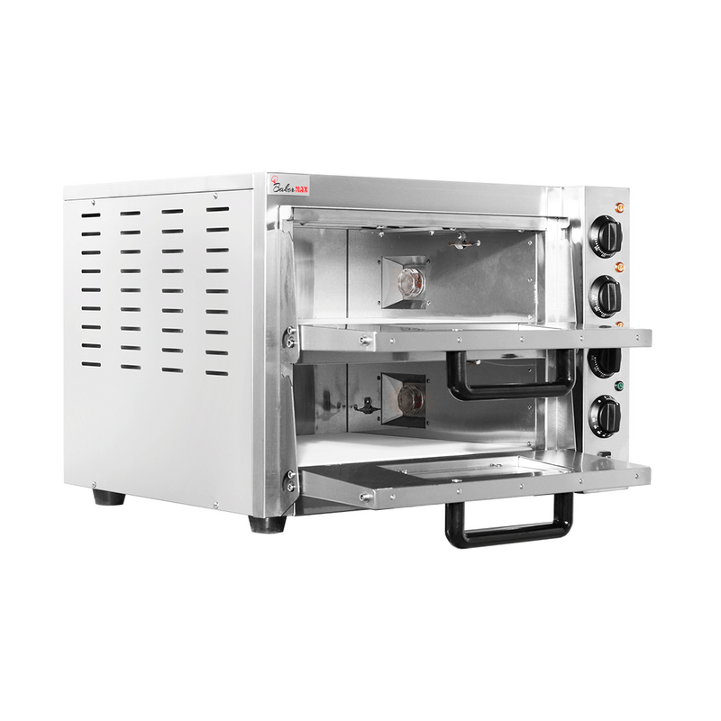 BakerMax EP-2T double deck countertop electric pizza oven with both doors open showing the ceramic pizza stones