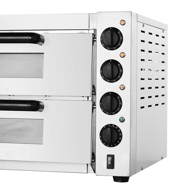 BakerMax EP-2T double deck countertop electric pizza oven, side close-up of the temperature and timer control knobs
