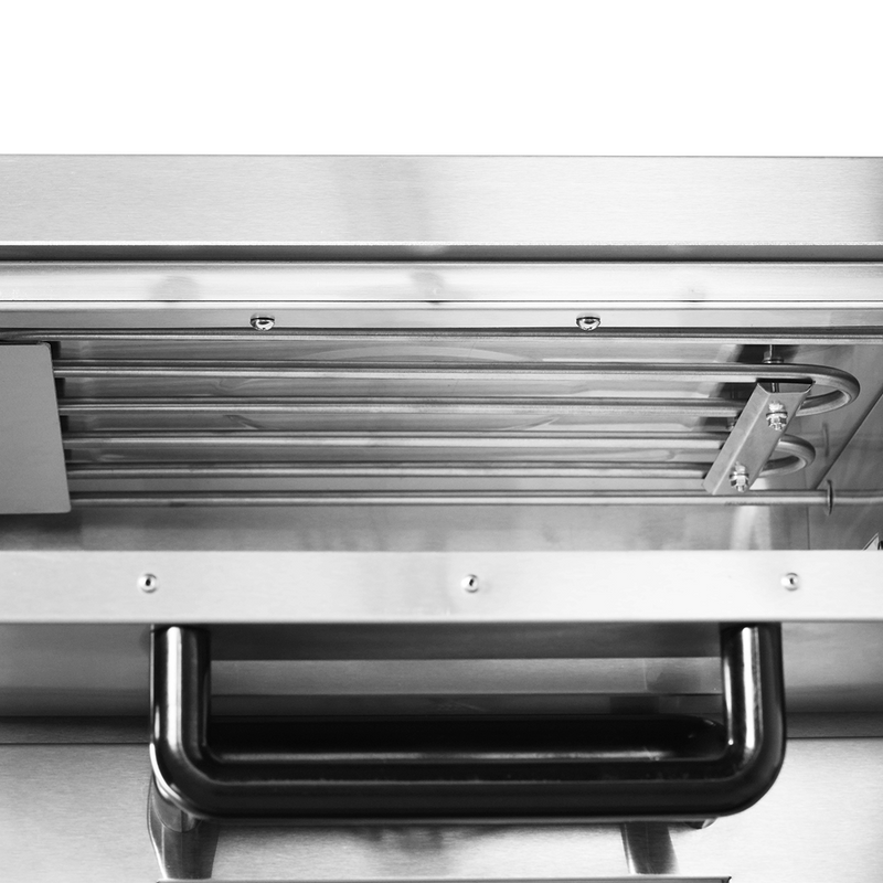 BakerMax EP-2T double deck countertop electric pizza oven, close-up of the heating elements and door handle