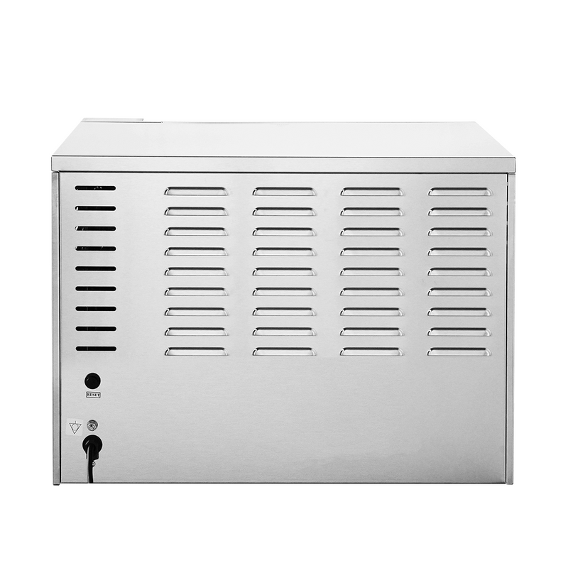 BakerMax EP-2T double deck countertop electric pizza oven, rear view showing the ventilation panel and power cord