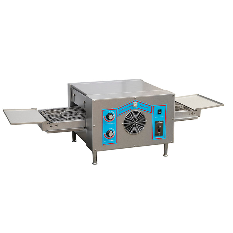 BakerMax HX-1/3NE electric conveyor pizza oven, angled view showing the conveyor belt, tunnel and front control panel