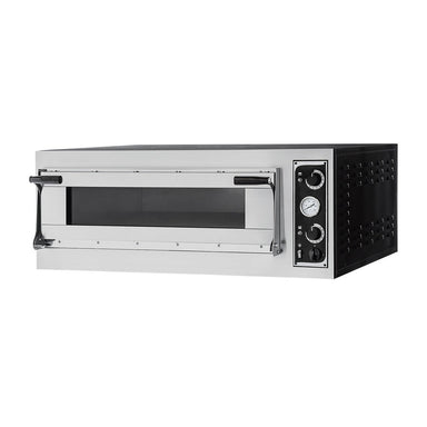 BakerMax TP-2-1 single deck electric pizza oven, angled front view showing the glass door, controls and side vents