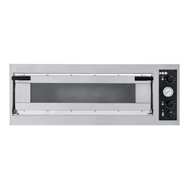BakerMax TP-2-1 single deck electric pizza oven, front view of the glass door and control panel