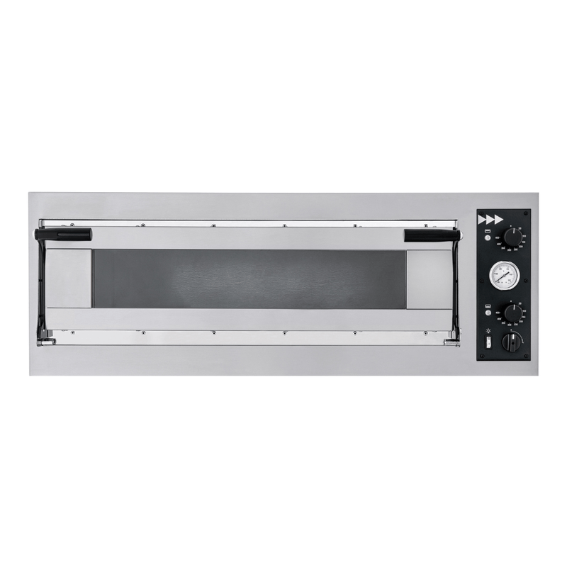 BakerMax TP-2-1 single deck electric pizza oven, front view of the glass door and control panel