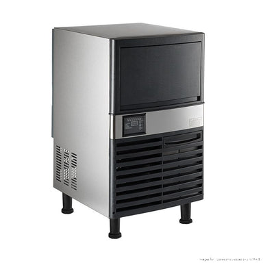 Blizzard SN-80P underbench ice maker, angled view showing the stainless steel side vents, black front and control panel